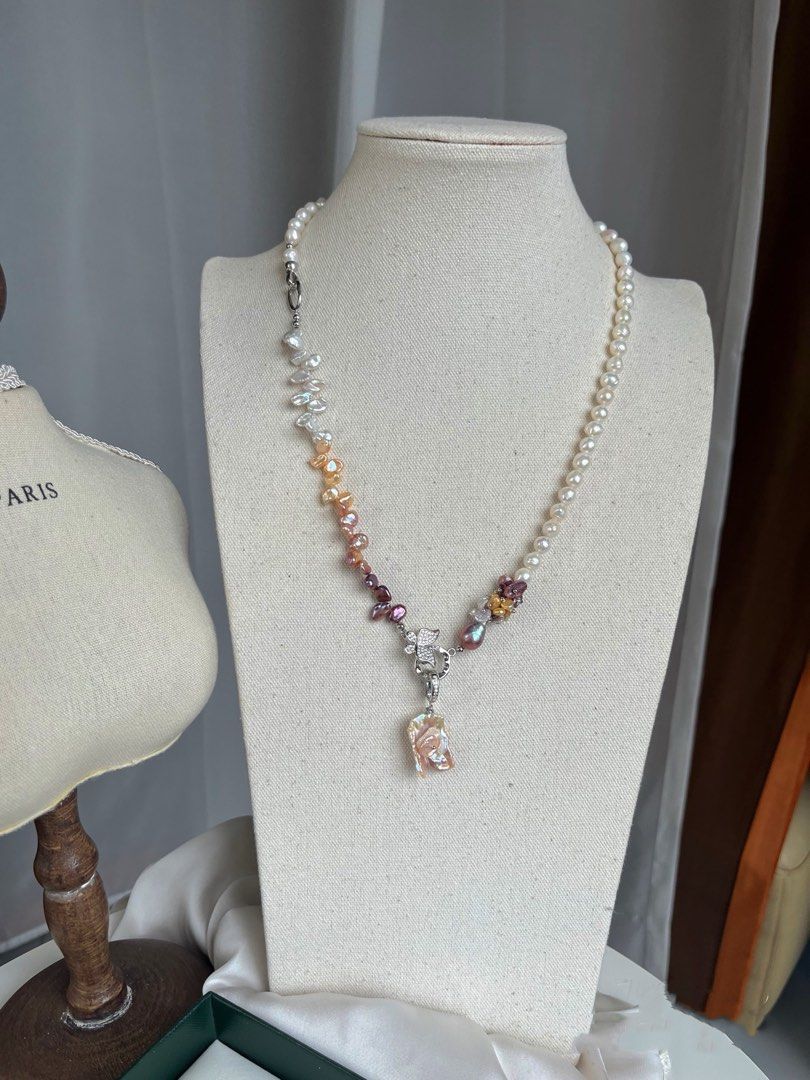 #PN27 [Floral Series] Gradient Flower |Freshwater Pearl Necklace & Bracelet Set |Rainbow Colour |Lustrous Baroque Pearl |Wrinkled Pearl |Removable Pendant |Multi Wearing |Butterfly Clasp