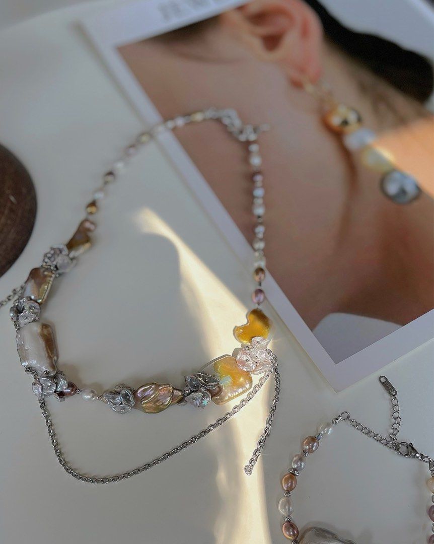 #PN137 [Floral Series] Golden Goose | Freshwater Pearl Necklace & Bracelet Set | Dripping Chains| Pearl Petal | Baroque Pearl |Gilted Golden Color