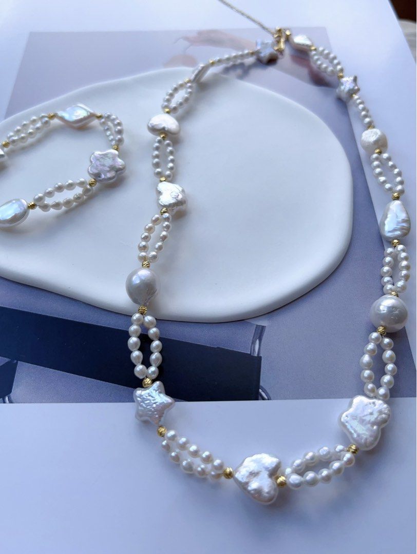 #PN190 [Sale]Star & Heart| Freshwater Pearl Necklace & Bracelet Set |Baroque Pearl |Baby Pearl |Double Layered