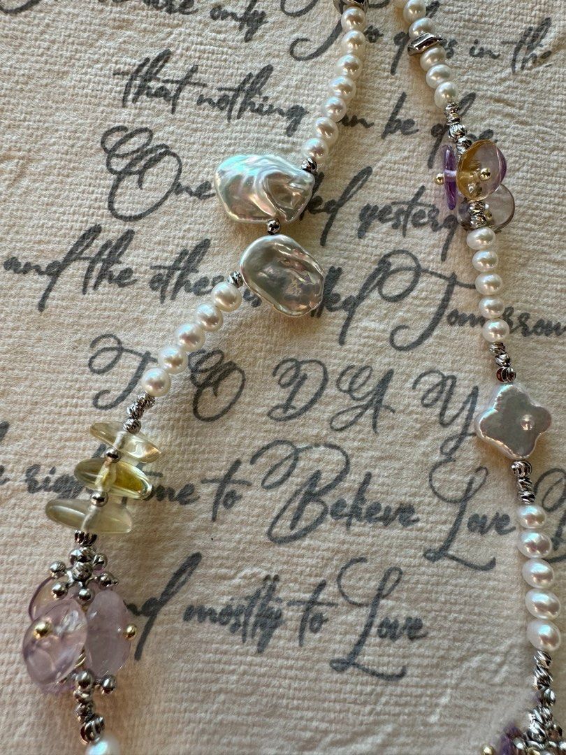 #PN433 [Floral Series ] Silver Flower| Freshwater Pearl Necklace |High Quality Purple Quartz |Silver-Grey Petal Pearl |Yellow Quartz |Baby Pearl|Clover Shaped Pearl |Metallic Edison Pearl