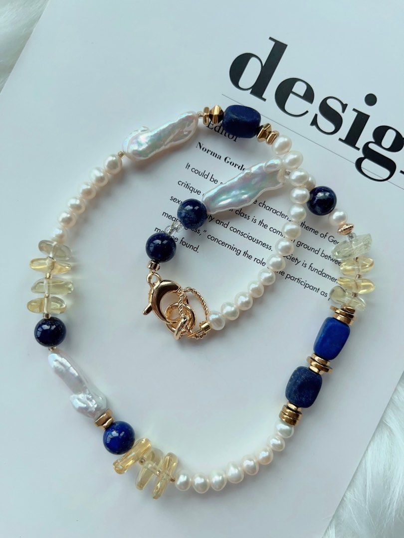 #PN329 [Open Box] [Sale] Deep Blue | Freshwater Pearl Necklace | Lapis Lazuli | Yellow Quartz Lute Shaped Pearl