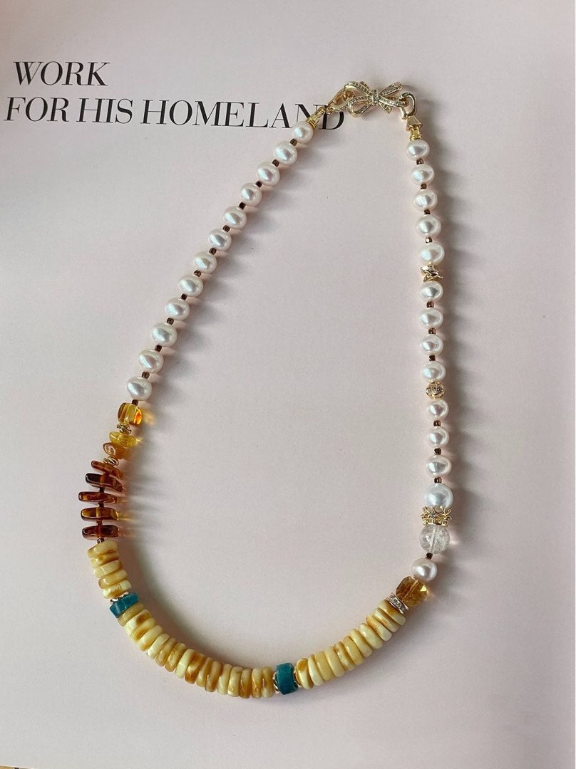 #PN348 Feminine Flourish| Freshwater Pearl Necklace | Beeswax Stacks, Chips| Baroque Pearl