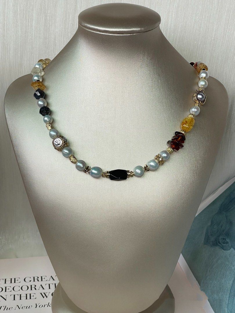 #PN357 Earthly Essence |Freshwater Pearl Necklace |Beeswax|Citrine Free Form|Amber |Iolite Faceted|Agate|Baroque Pearl