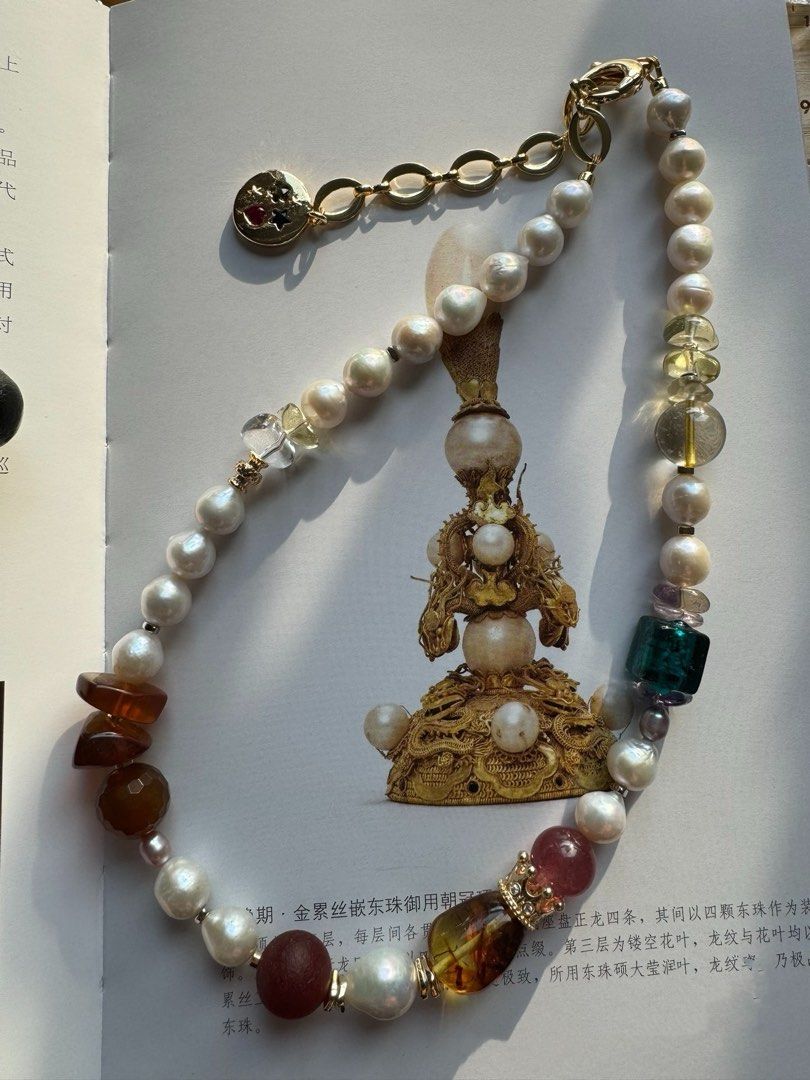 #PN423 Summer Break|Freshwater Pearl Necklace |Baroque Pearl|Amber|Strawberry Quartz |Beeswax|Yellow Quartz