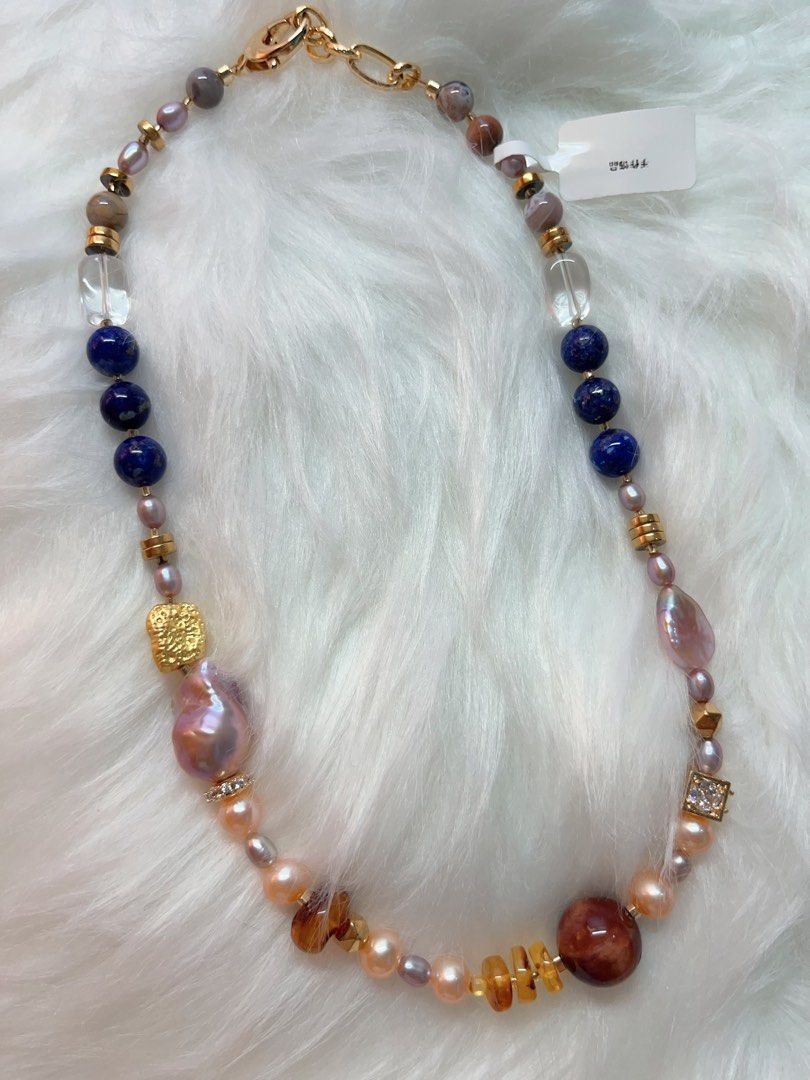 #PN332 Natural Weight | Freshwater Pearl Necklace | Lapis Lazuli | Big Purple Baroque Pearl | Beeswax Abacus| Clear Quartz Cube| Oval Pearl