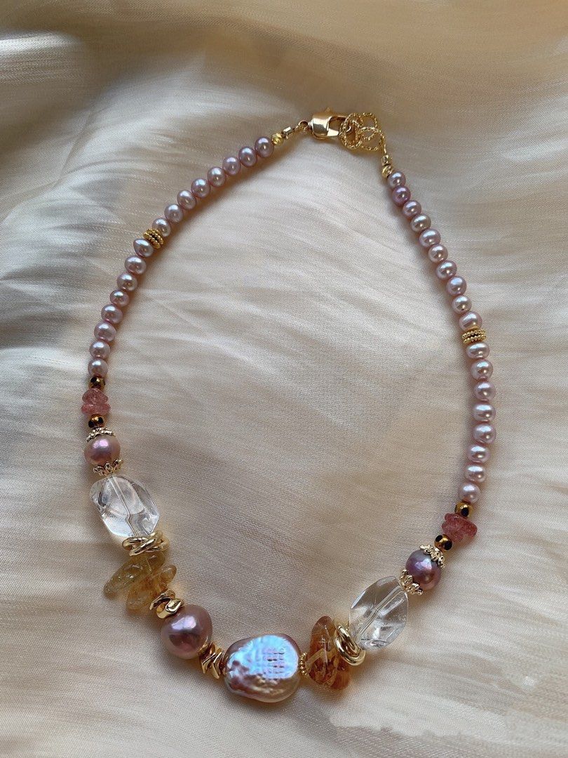 #PN396 [Sale]Freshwater Baroque Pearl Necklace |Bold Design|Big White Quartz |Big Edison Pearl |Strawberry & Yellow Quartz |Purple