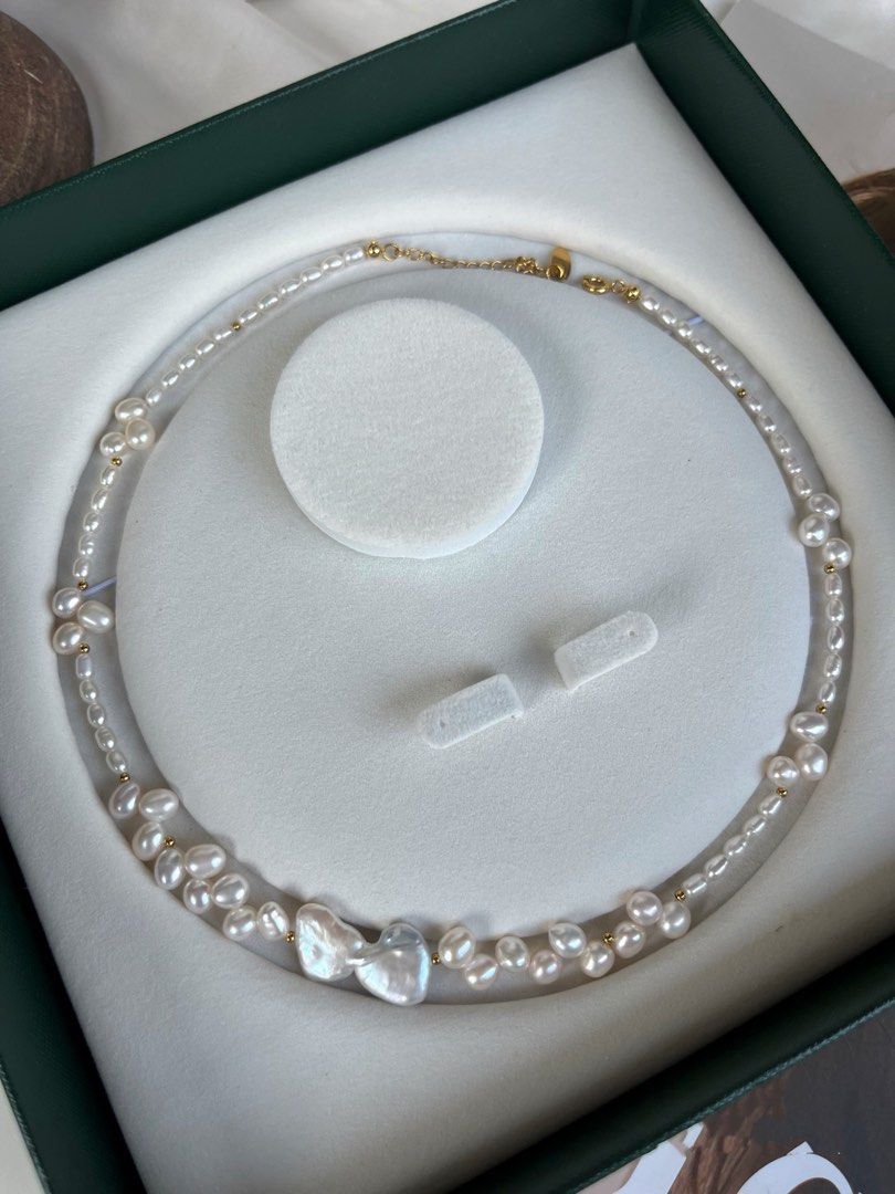 #PN368 Connected Heart|Freshwater Pearl Necklace |Bow Shaped Baroque Pearl |Wheat Ear Design