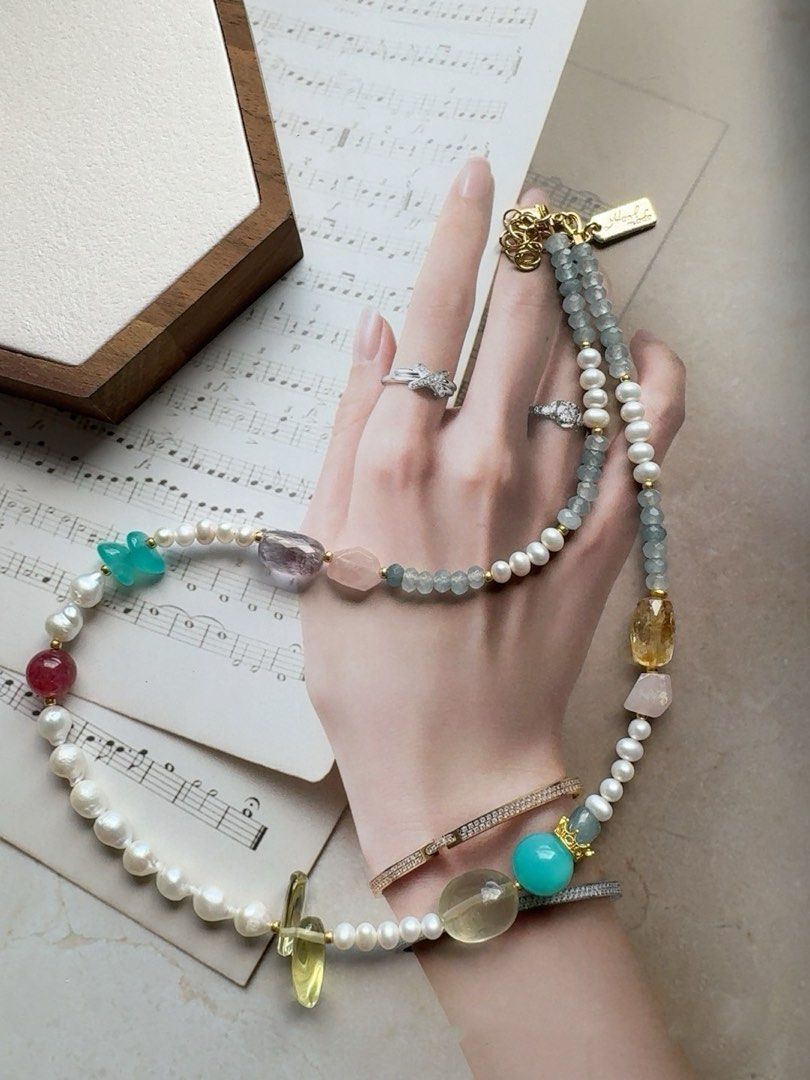 #PN413 Grey Sky|Freshwater Pearl Necklace |Small Waterdrop Pearl|Rose Quartz | Amazonite |Citrine |Grey-blue Aquamarine