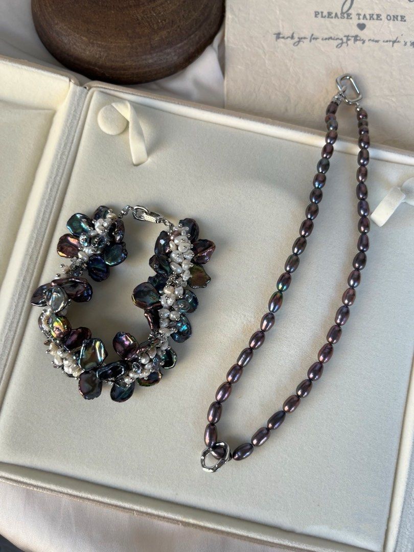 #PN362 [Floral Series] Night Queen|Freshwater Pearl Necklace |Heavy Made|Colorful Black|Deep Metallic Pearl |Lustrous Petal |White Baby Pearl |Rice Pearl |Multi Wear|Gothic Style