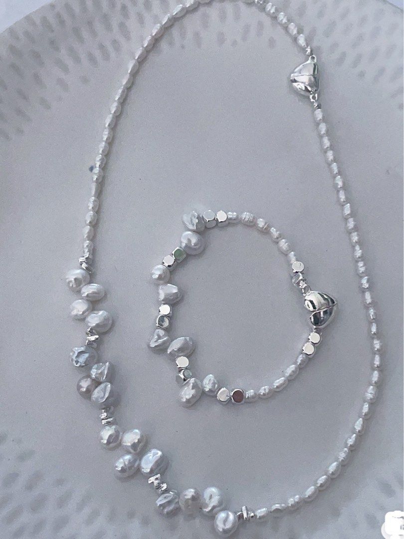 #PN188 [Clearance Sale] Freshwater Pearl Necklace & Bracelet Set |Silver|Heart Shaped Clasp|Baby Pearl|Can Connect into One Long Necklace