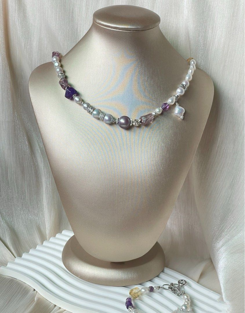 #PN61 Bespoke Beauty|Freshwater Pearl Necklace & Bracelet Set |13.2mm Big Edison Pearl|”stone” Baroque |Citrine Freeform|Amethyst Freeform|Removable Pendant