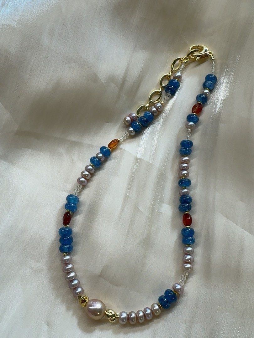 #PN306 [New Arrival Offer] Timeless Treasures |Freshwater Pearl Necklace |Aquamarine|Bun Shaped Baroque Pearl |Garnet