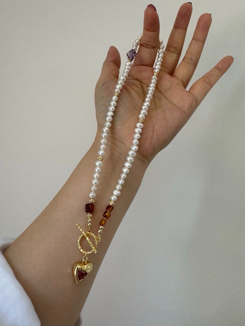 #PN440 Pink Heart|Freshwater Pearl Necklace |Amber|Clear Amethyst | Multi Wear|Lustrous
