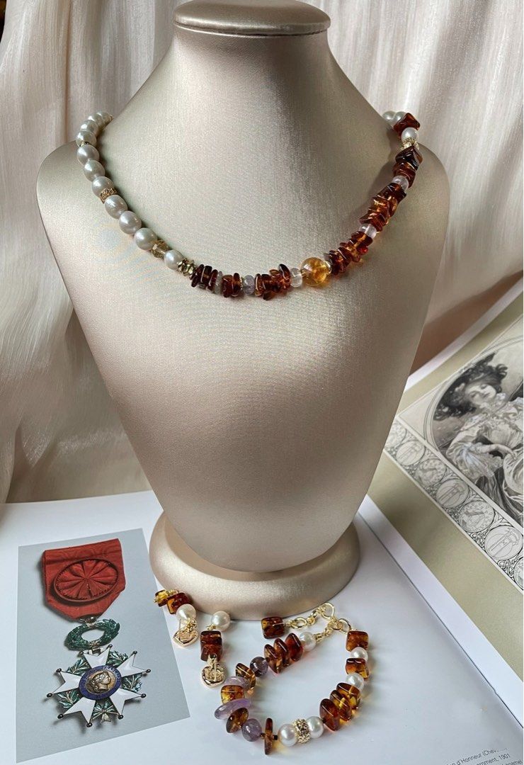 #PN355 Luxe Layers|Freshwater Pearl Necklace & Bracelet & Earrings Set |Baroque Pearl |Amber Chip|Amethyst|Big Citrine