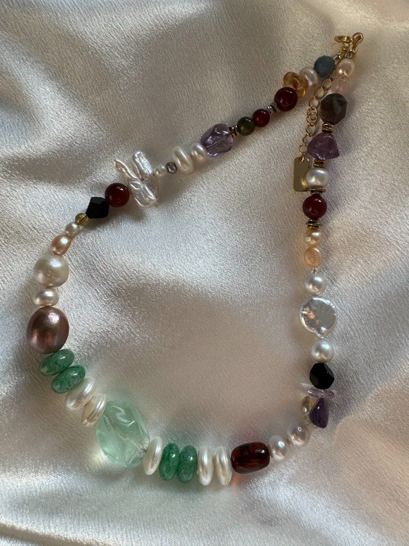 #PN415 Green Elf|Freshwater Pearl Necklace |Natural Flaws|Jade|Fluorite|Purple Quartz |Mixed Shapes