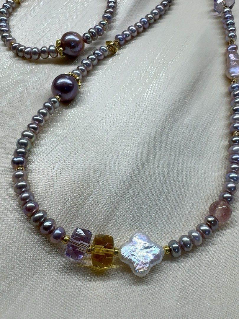 #PN57 Lavender Sea|Freshwater Pearl Necklace & Bracelet Set |Lustrous Baby Baroque Pearl |High-quality Yellow Quartz |Purple Quartz