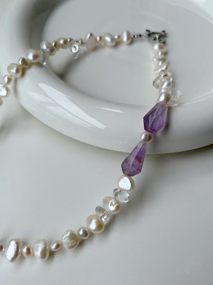 #PN401 Clear Purple |Freshwater Pearl Necklace |Baroque Pearl | Amethyst Pointer |Clear Quartz