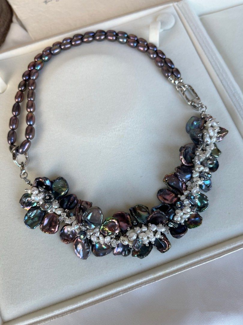 #PN362 [Floral Series] Night Queen|Freshwater Pearl Necklace |Heavy Made|Colorful Black|Deep Metallic Pearl |Lustrous Petal |White Baby Pearl |Rice Pearl |Multi Wear|Gothic Style