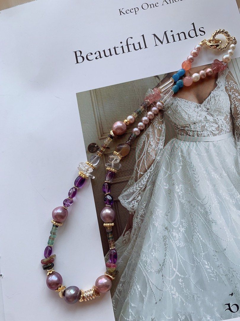 #PN389 [Sale]Freshwater Baroque Pearl & Natural Quartz Necklace |Big Edison Pearl |Crimson Agate|White & Strawberry & Purple Quartz |Amazonite|Fluorite