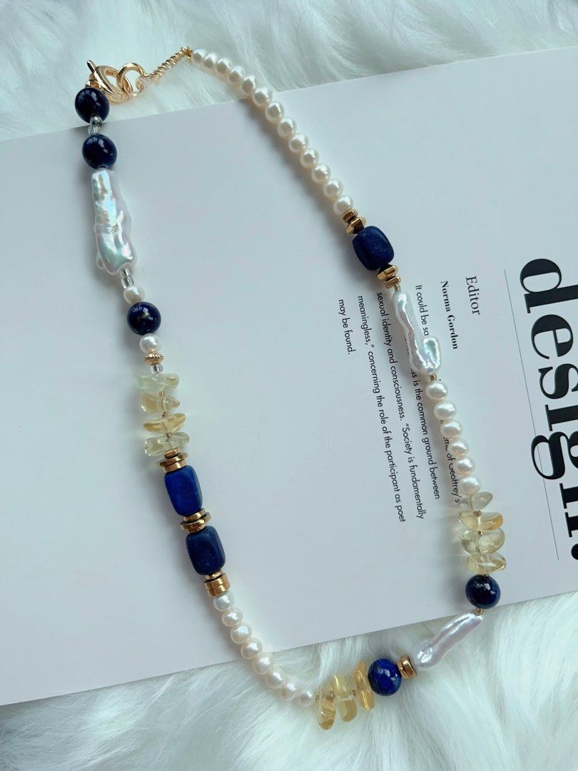 #PN329 [Open Box] [Sale] Deep Blue | Freshwater Pearl Necklace | Lapis Lazuli | Yellow Quartz Lute Shaped Pearl