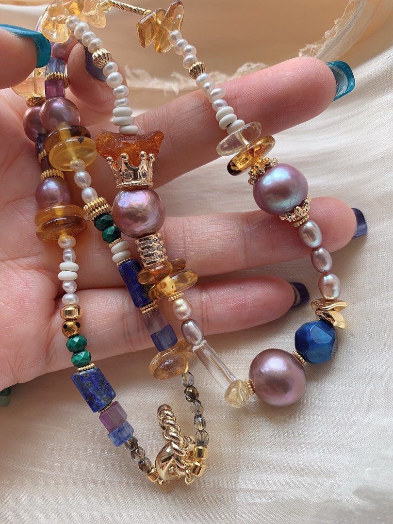 #PN73 [Sale]Medium Long Freshwater Pearl Necklace |Edison Pearl |Natural Stone|Amber|Lapis Lazuli