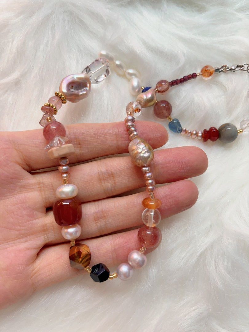 #PN334 Red Fantasy | Freshwater Pearl Necklace | Strawberry Quartz | Garnet Square | Wheat Ears | Wrinkled Baroque Pearl |Natural Flaws | Fire Quartz