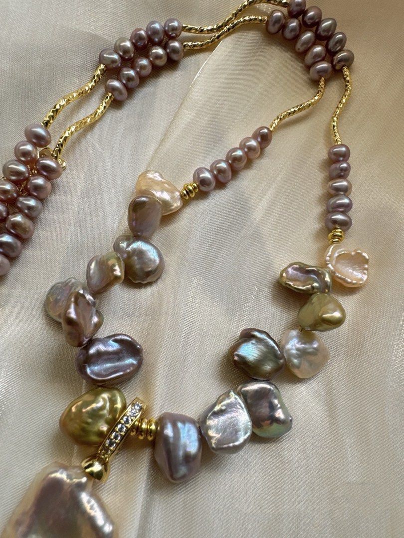 #PN406 Ocean’s Embrace |Freshwater Pearl Necklace |Baby Pearl|Big Petal Pendant |Pearl “Chip”|Lustrous