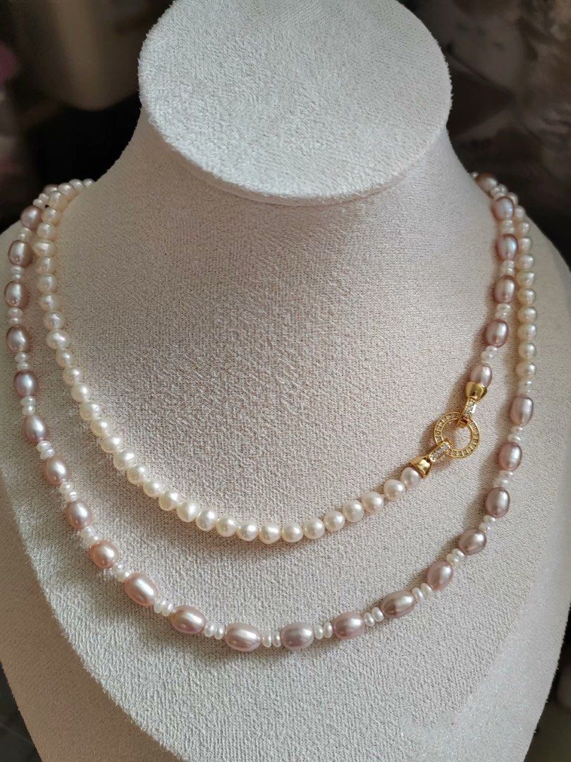 #PN291 Sea Breeze | Freshwater Pearl Necklace | Long Sweater Necklace | Lustrous Purple Rice Pearl | White Baroque Pearl | Zircon Clasp