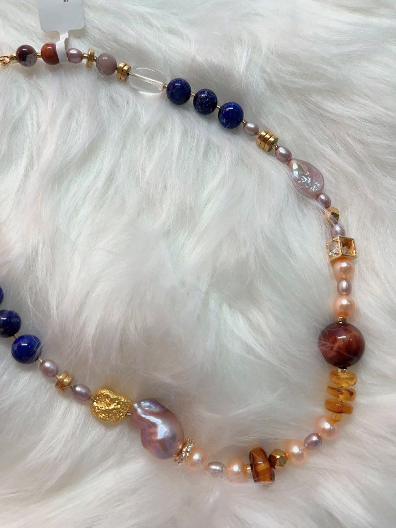#PN332 Natural Weight | Freshwater Pearl Necklace | Lapis Lazuli | Big Purple Baroque Pearl | Beeswax Abacus| Clear Quartz Cube| Oval Pearl