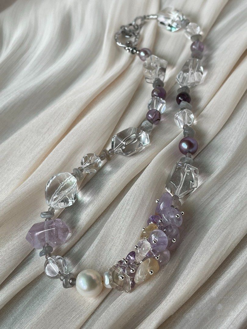 #PN351 [Floral Series] Jewels of the Earth|Freshwater Pearl Necklace |High Quality Big Clear Quartz Freeform |Edison Pearl |Ametrine Petals|Purple Phantom