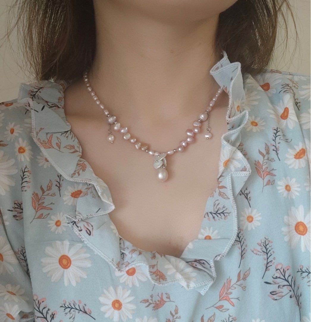 #PN179 [Floral Series] Two-eight Holed Baroque Pearl Necklace |Flower Pendant |Pink-Purple