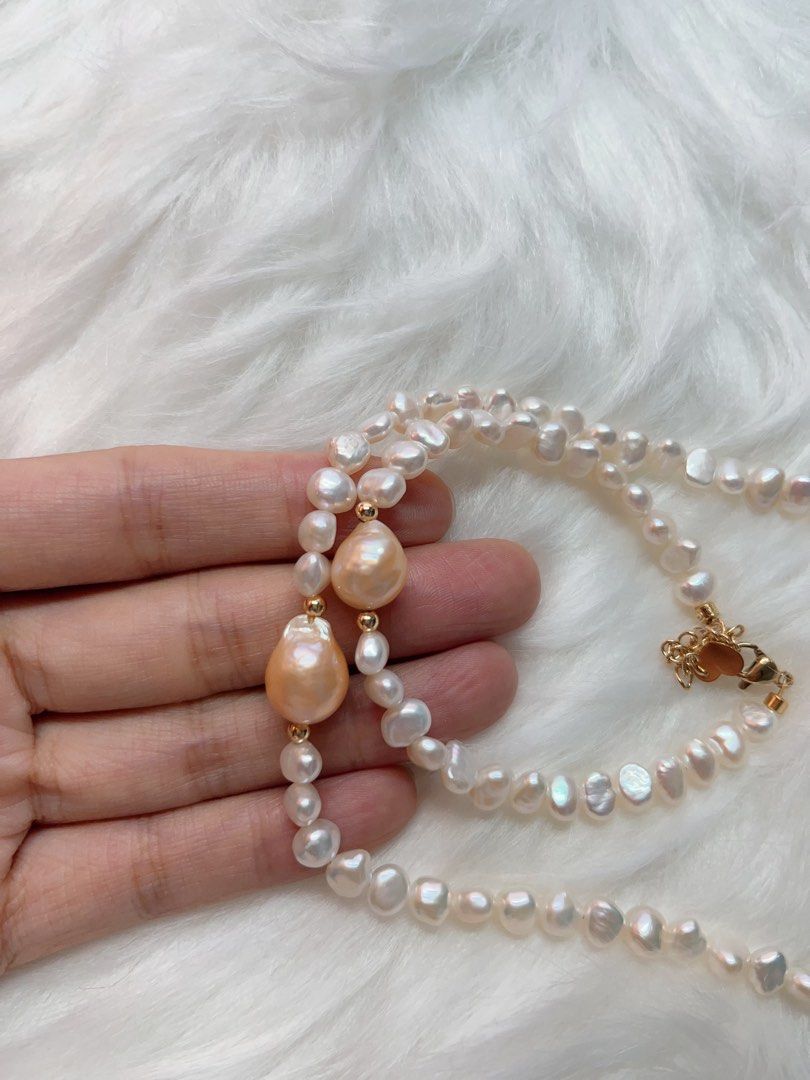 #PN405 Pink in White| Freshwater Pearl Necklace & Bracelet Set | Big Baroque Pearl | Champagne Pink| White Baroque Pearl | Lustrous