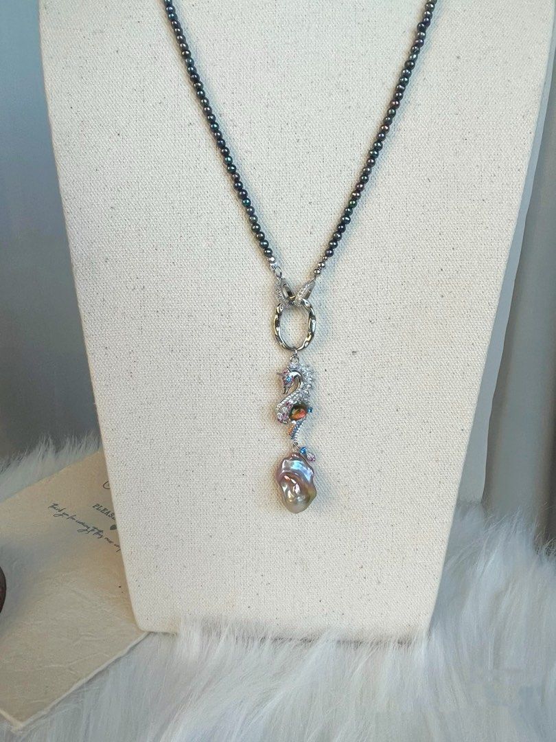 #PN370 Deep Sea|Freshwater Pearl Necklace |Seahorse Pendant |Purple-golden Big Baroque |Baby Dark Pearl |Rare|Gothic Style |Electro-coated Colour