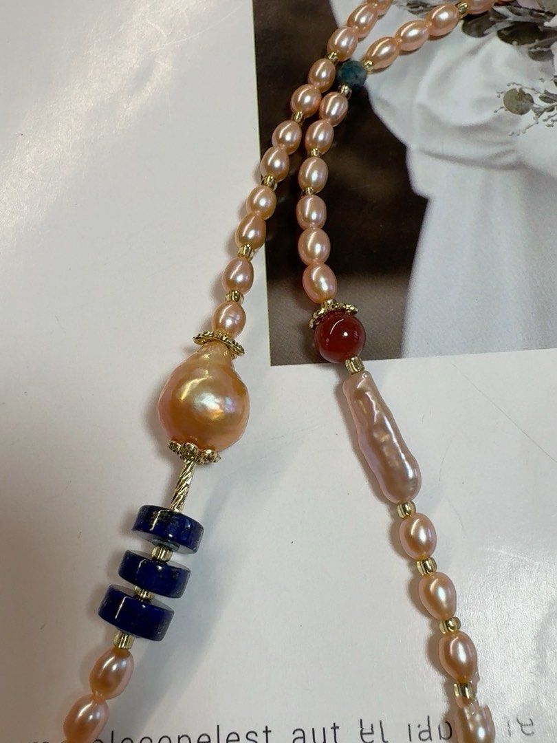 #PN428 Effortless Beauty |Freshwater Pearl Necklace |Baby Baroque Pearl |Champagne Pink|Lustrous Wrinkled Baroque Pearl |Lapis Lazuli|Cute Cat Head Mother of Pearl