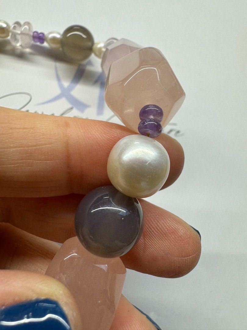 #PN414 Tender Summer|Freshwater Pearl Necklace |Gray Agate|Edison Pearl|Big Rose Quartz