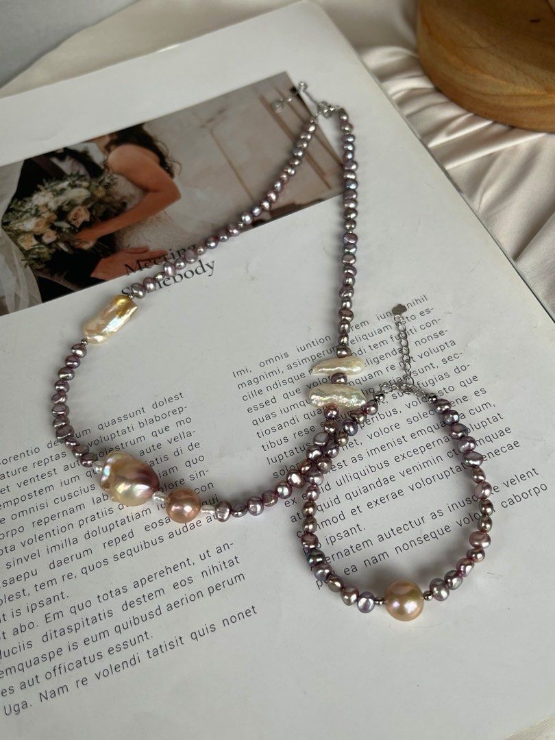 #PN367 Monster Purple |Freshwater Pearl Necklace & Bracelet Set |Baby Irregular Baroque Pearl |Metallic Deep Purple Lustre|Fishtail, Lute Shaped Baroque Pearl