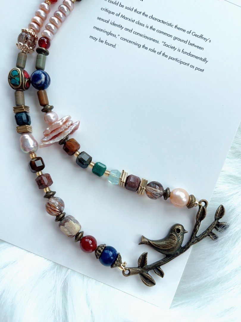 #PN330 Forest Song| Freshwater Pearl Necklace | Garnet Abacus Faceted| Abacus Pearl| Lute Baroque | Bird and Branch Charm