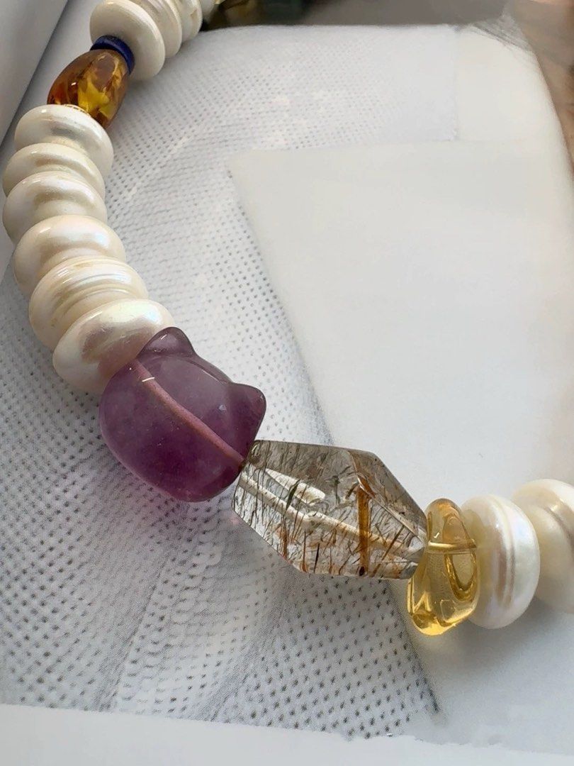 #PN412 Exotic Princess | Freshwater Pearl Necklace | Fluorite|Yellow Quartz | Big Coin Pearl| Purple Quartz | Nanhong Agate|Black Golden Super Seven Quartz |Beeswax