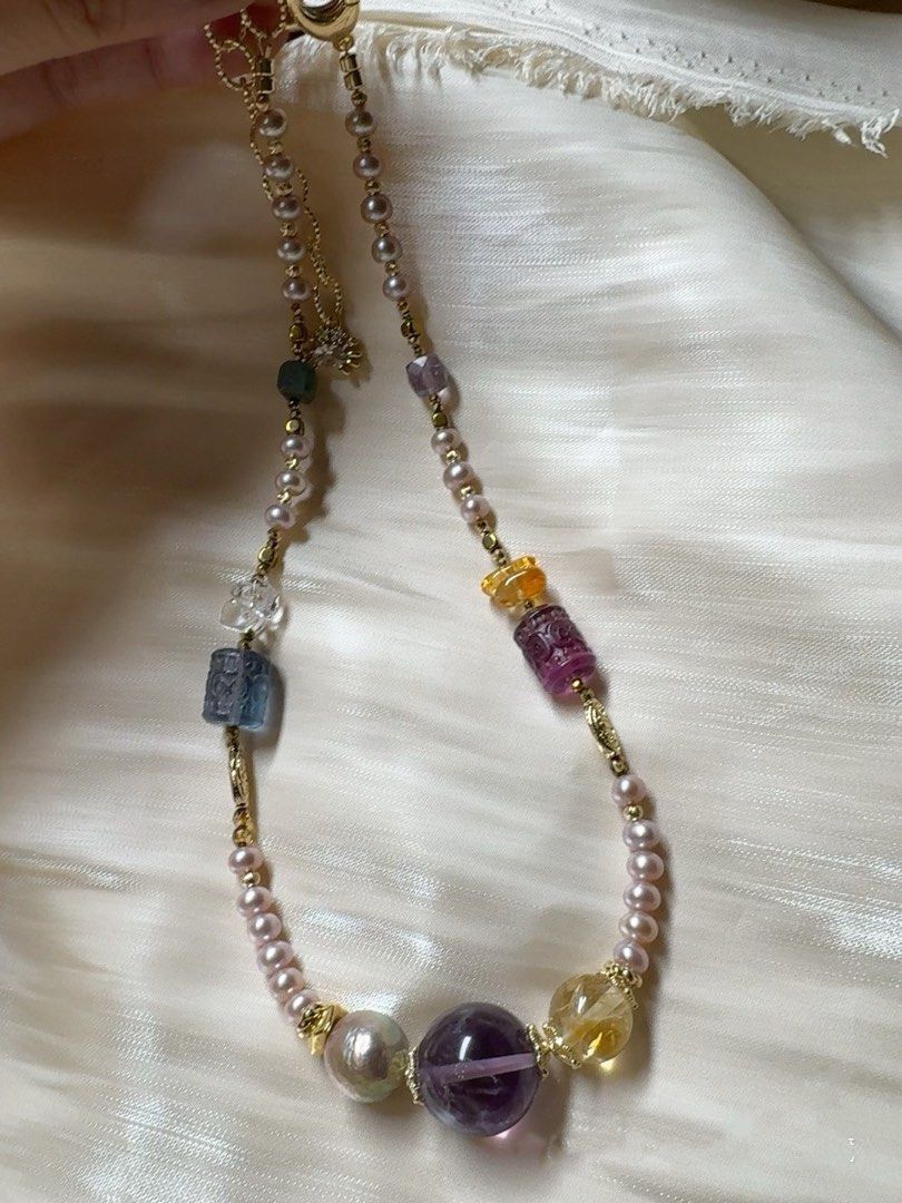 #PN437 Purple Dream|Freshwater Pearl Necklace |Fluorite|Purple Quartz |Wrinkled Baroque Pearl |Natural Flaws|Yellow, White Quartz