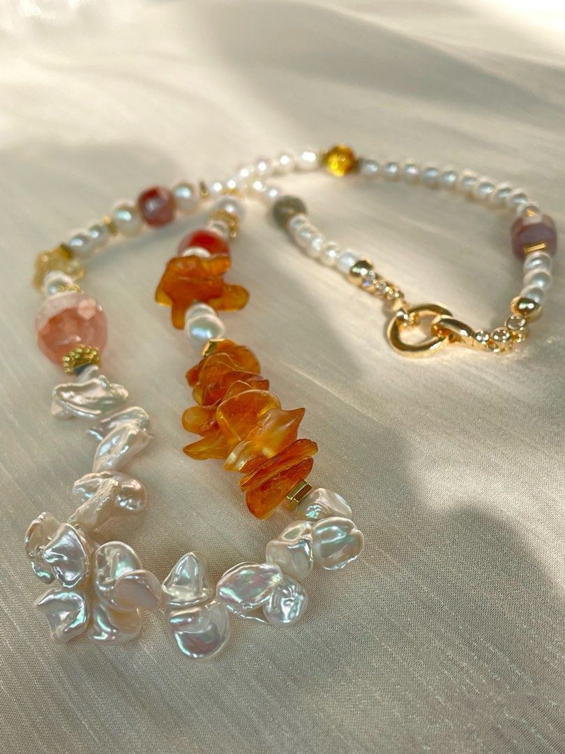 #PN303 Nature’s Elegance |Freshwater Pearl Necklace |Beeswax Petal|Big Fire Quartz Barrel |Petal Baroque Pearl |Green Phantom | Citrine Debris