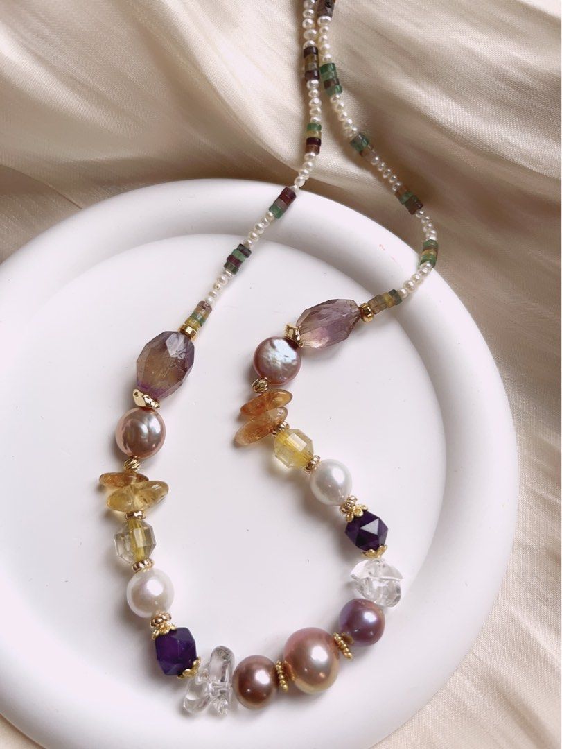 #PN391 [Sale]Medium Long Freshwater Pearl Necklace |Colourful|Baroque Pearl |Purple Quartz |Yellow Quartz