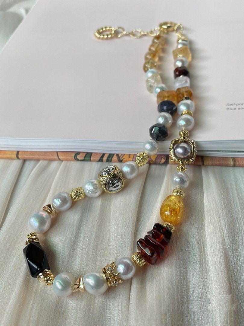 #PN357 Earthly Essence |Freshwater Pearl Necklace |Beeswax|Citrine Free Form|Amber |Iolite Faceted|Agate|Baroque Pearl