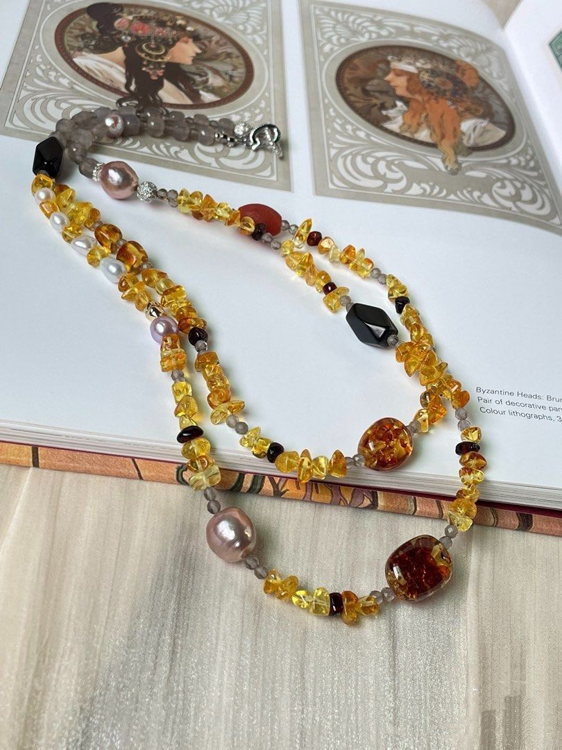#PN301 Yellow Summer| Freshwater Pearl Necklace | Grey Agate Cubes|Double-layer|Amber Freeform |Beeswax Chip|Purple Baroque Pearl