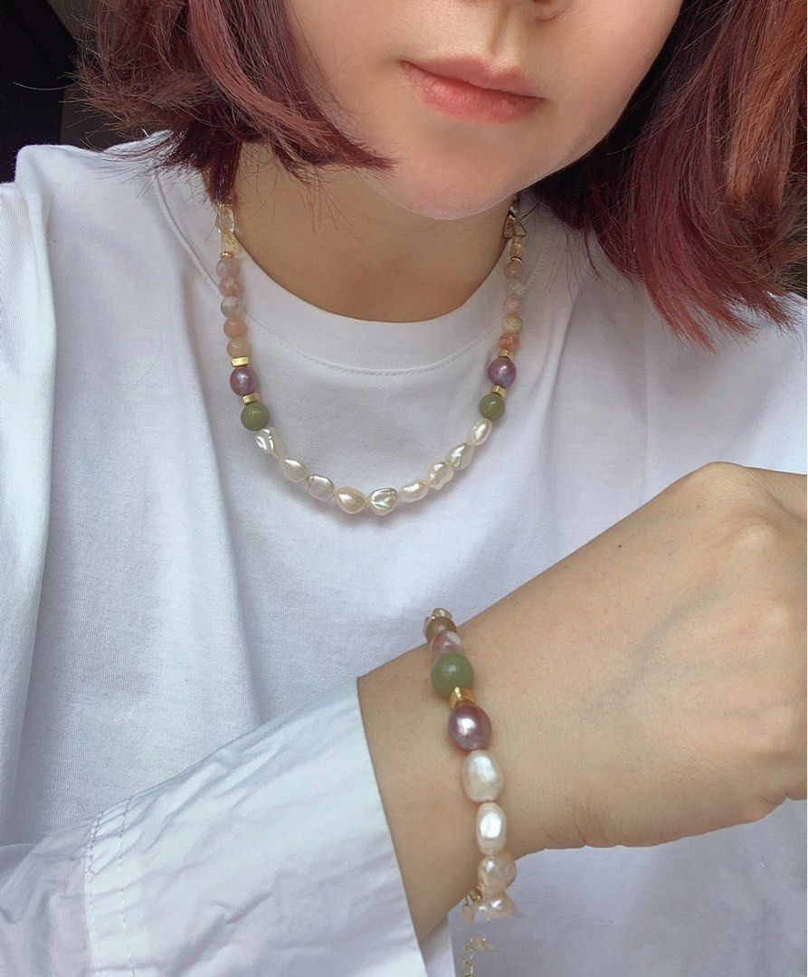 #PN219 Baroque Pearl & Natural Stone Necklace & Bracelet Set |Rose Quartz |Flower Agate|Citrine