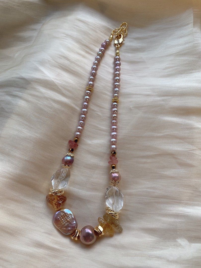 #PN396 [Sale]Freshwater Baroque Pearl Necklace |Bold Design|Big White Quartz |Big Edison Pearl |Strawberry & Yellow Quartz |Purple