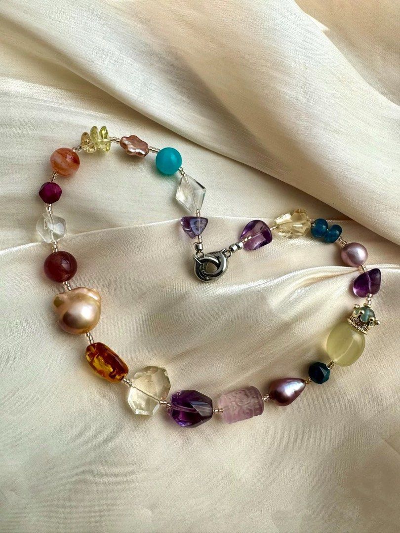 #PN300 Multi-Gems| Freshwater Pearl Necklace | Big Baroque Pearl | Amber Freeform | Fluorite Barrel | Amethyst, Citrine Freeform | Clear Quartz | Fire Quartz