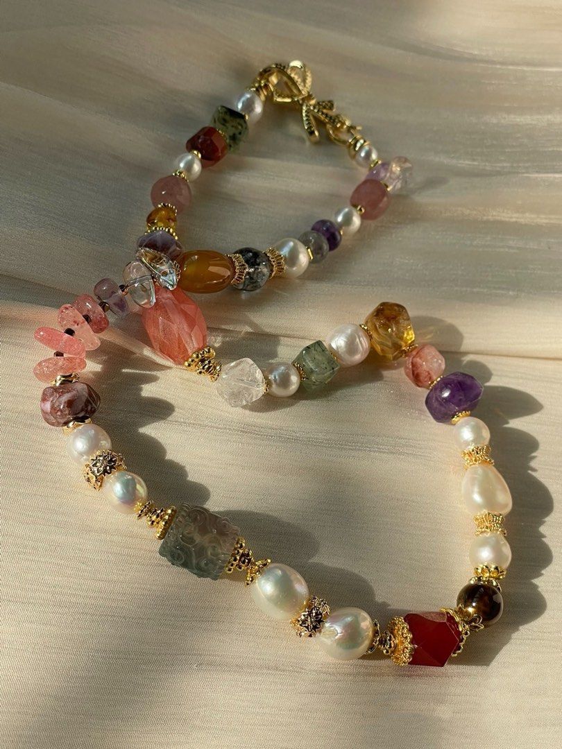 #PN22 Graceful Gems| Freshwater Pearl Necklace | Carved Fluorite Barrel | Faceted Garnet| Amethyst Freeform | Fire Quartz Faceted | Strawberry Quartz Chip| Agate| Baroque Pearl