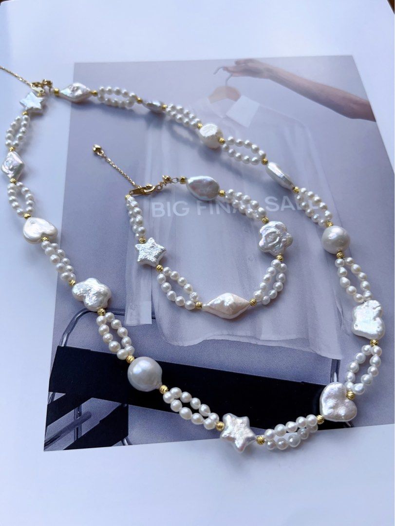 #PN190 [Sale]Star & Heart| Freshwater Pearl Necklace & Bracelet Set |Baroque Pearl |Baby Pearl |Double Layered