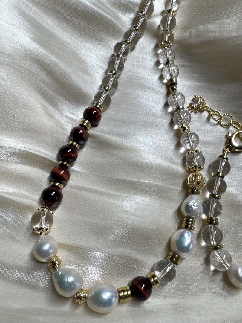 #PN189 [Sale]Pure Red|Freshwater Pearl Necklace & Bracelet Set |High Quality White Quartz |Red Tiger Eye|Big Baroque Pearl |Connect to Longer Necklace
