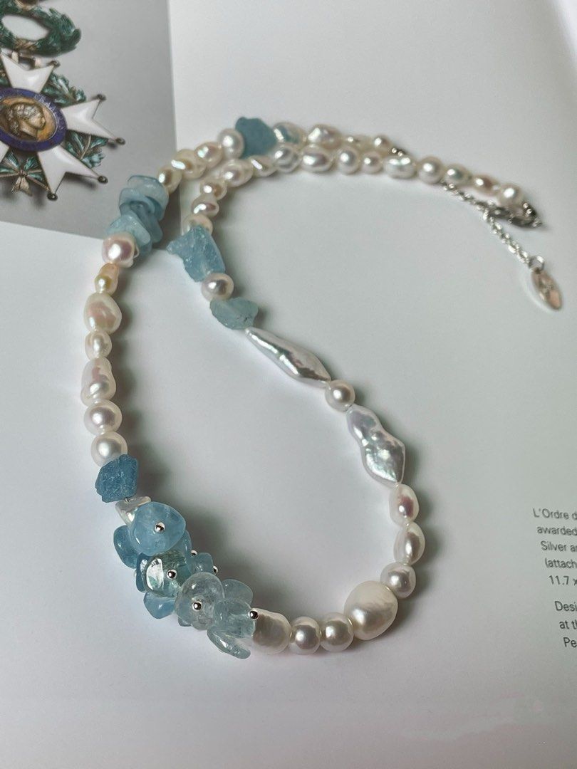 #PN356 [Floral Series] Oceanic Wonders|Freshwater Pearl Necklace |Aquamarine Petal, Chip, Original Stone|Irregular Keshi Baroque Pearl